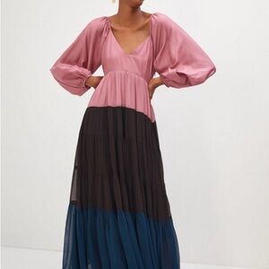 Anthropologie Nirmooha Puff-Sleeved Colorblocked Maxi Dress